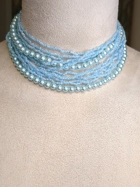 Vintage Light Blue Beaded Long Necklace 6 Strand Elegant Twisted Layered 29"